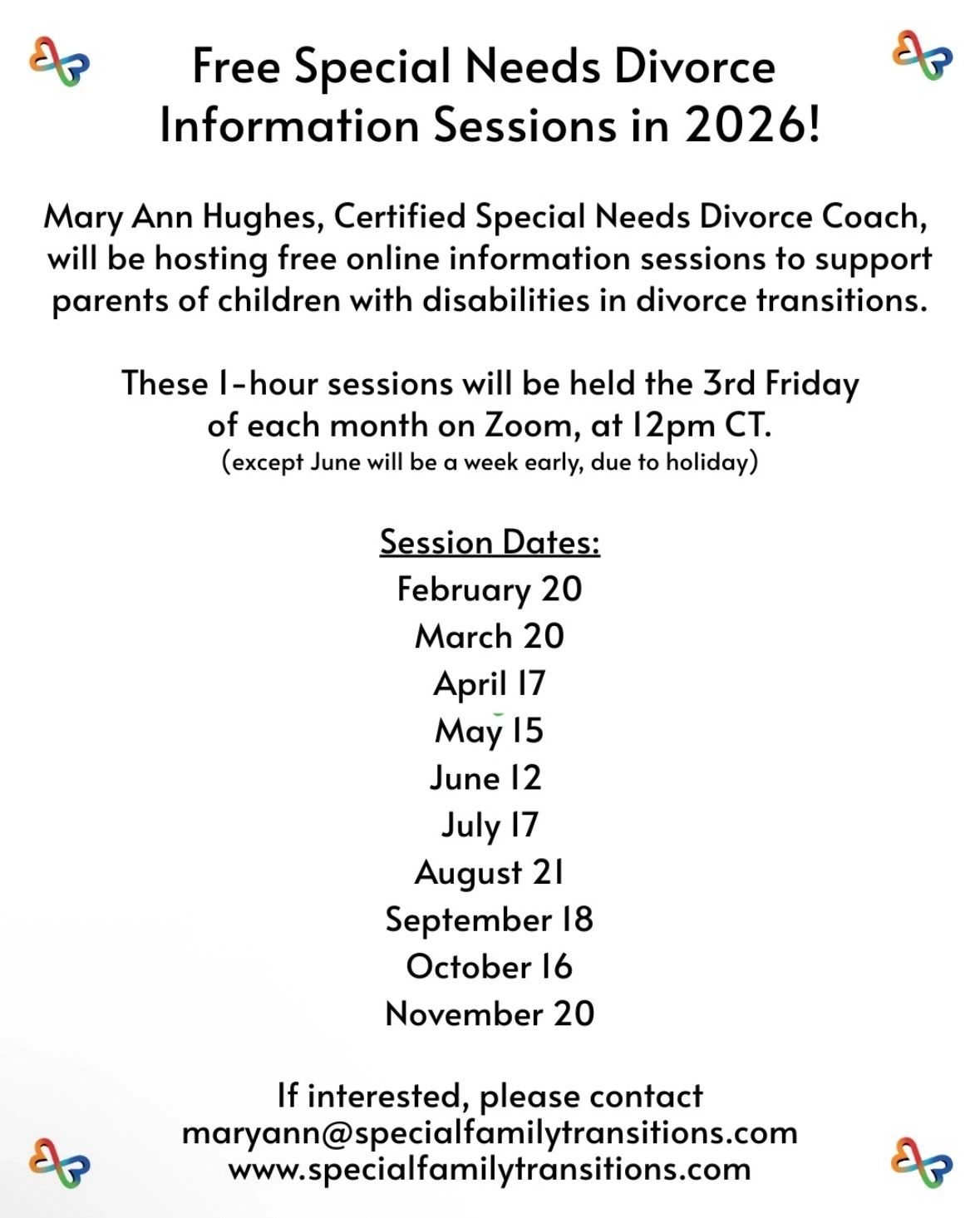 Free Special Needs Divorce Information Sessions 2026 — monthly dates and details