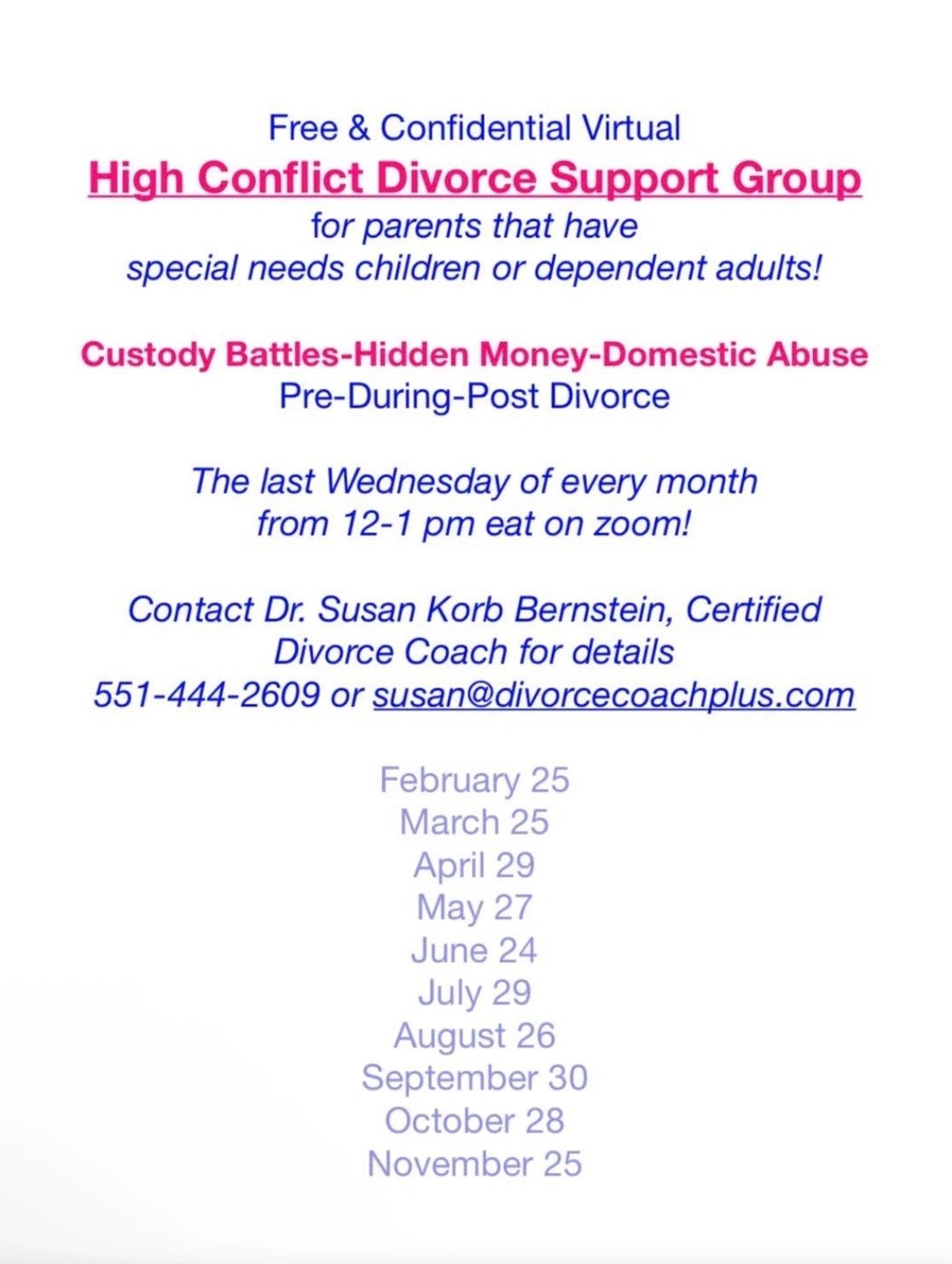 Free Virtual High Conflict Divorce Support Group — monthly dates